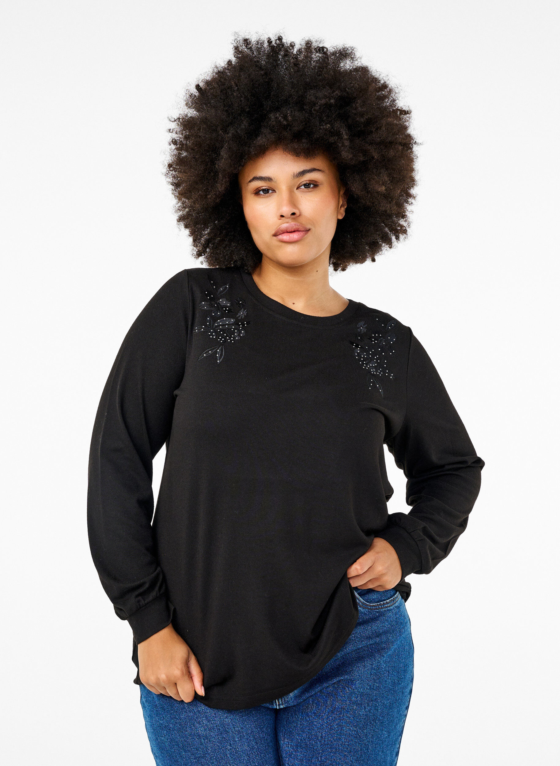 Zizzi Chemisier avec broderie et strass, Black, Model image number 0