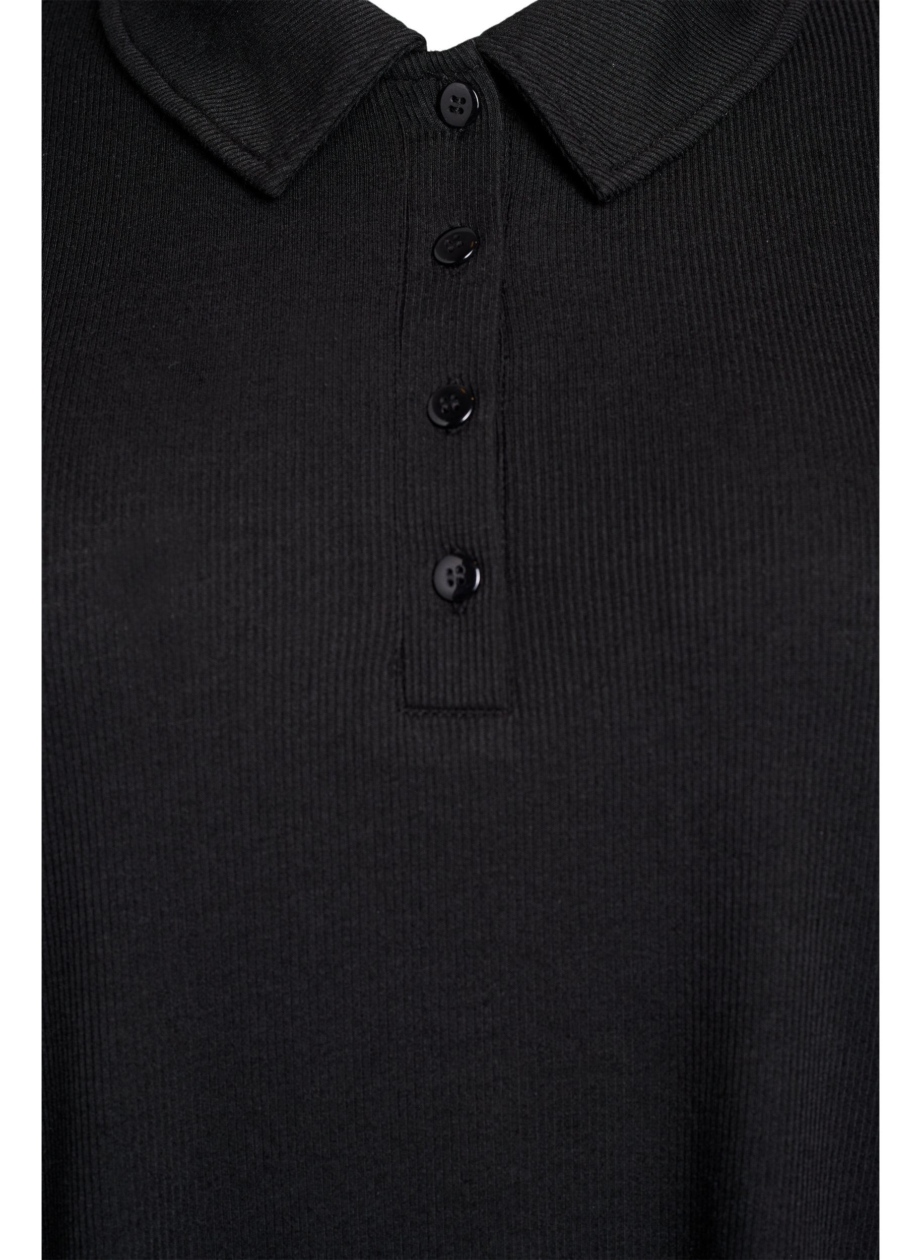 Zizzi Lang&auml;rmliges Poloshirt aus dehnbarem Rippmaterial, Schwarz, Packshot image number 2