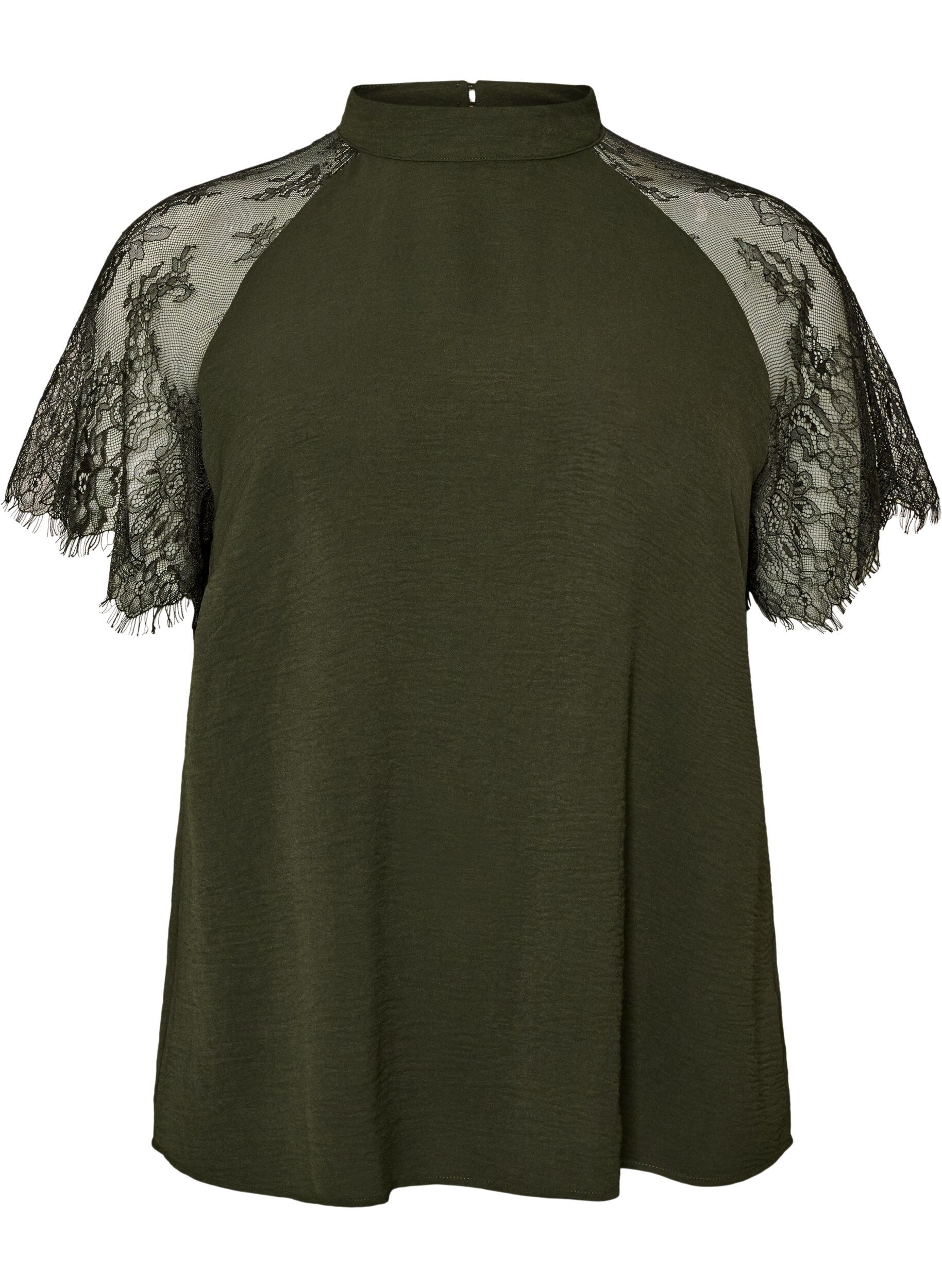 Bluse mit kurzen &Auml;rmeln aus Spitze und hohem Kragen