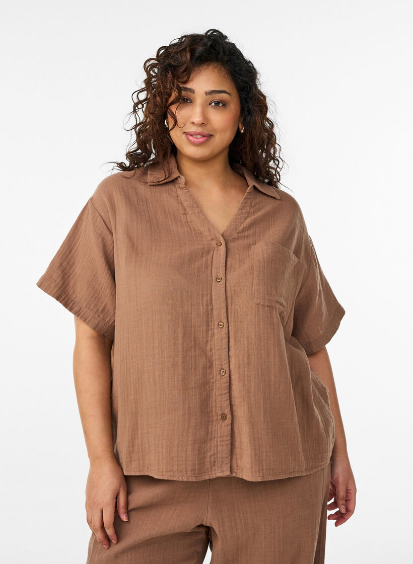 Blouse en mousseline de coton &agrave; manches courtes, Marron, Model image number 0
