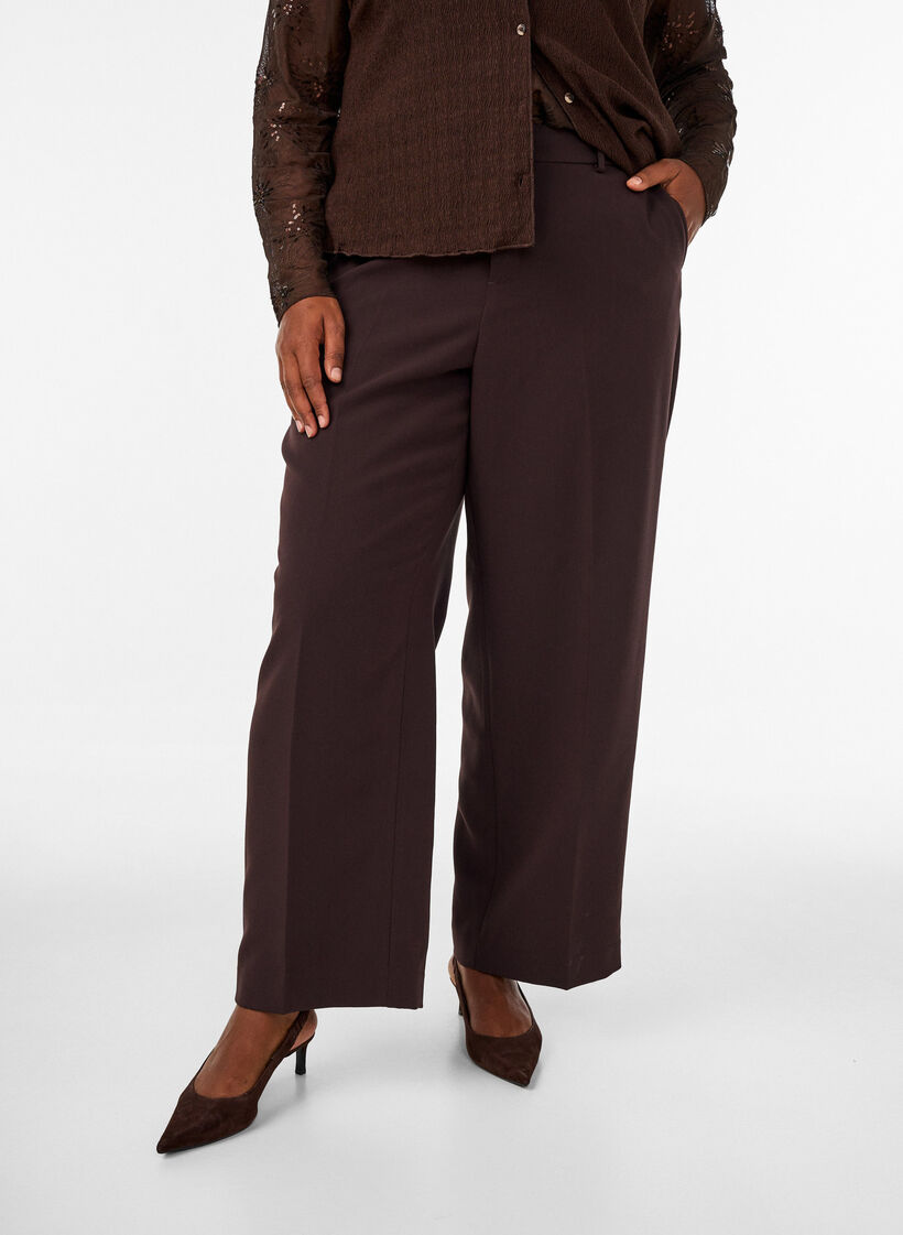 Pantalon tailleur large &agrave; taille haute, Marron, Model image number 2