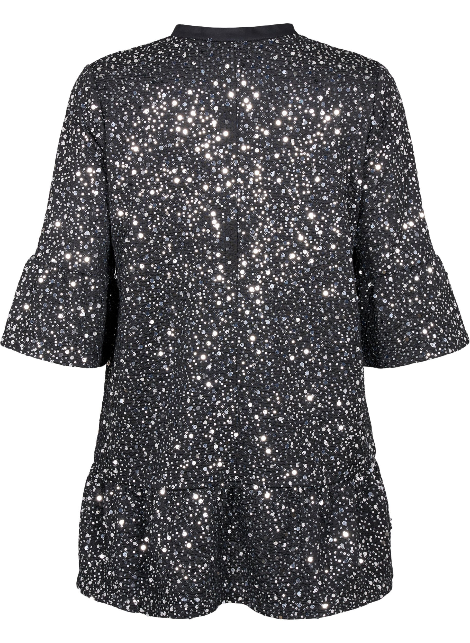 Zizzi Robe &agrave; paillettes avec col en V et manches 3/4, Black w. Sequins, Packshot image number 1