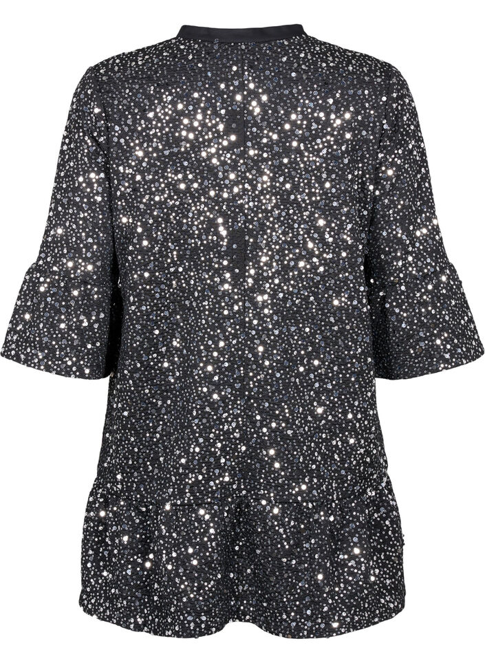 Paillettenkleid mit V-Ausschnitt und 3/4-Ärmeln, Black w. Sequins, Packshot image number 1