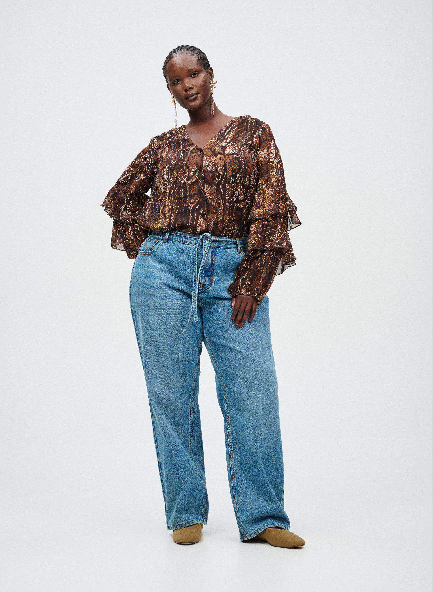 Zizzi Bluse mit Animal-Print und R&uuml;schen, Braun, Image image number 0