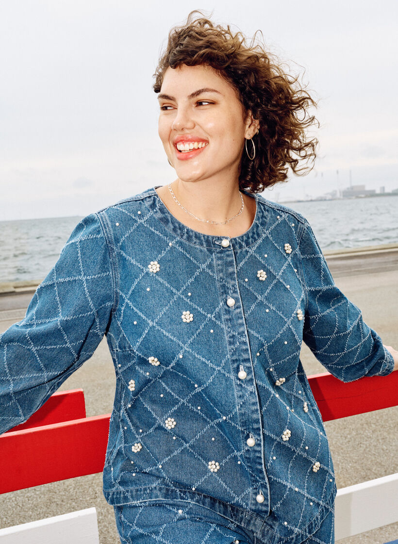 Jeanshemd mit Destroyed-Muster und Perlendetails, Blau, Image image number 0