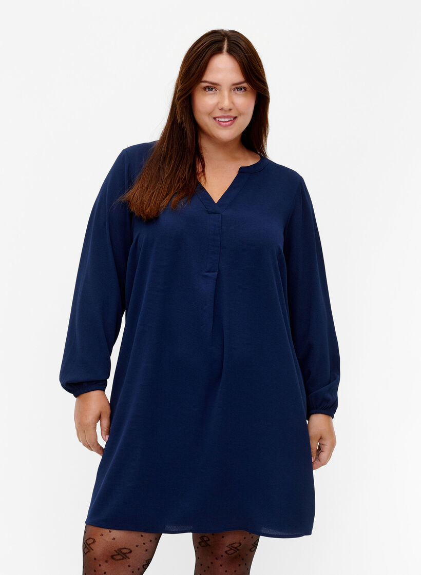 Robe à manches longues et encolure en V, Navy, Model image number 0
