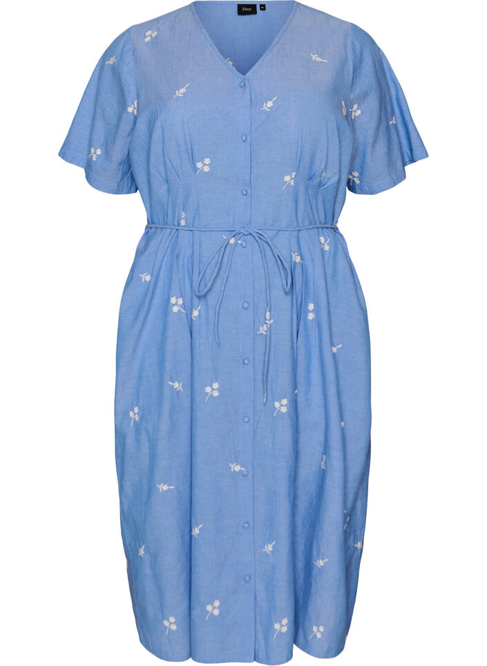 Hemdblusenkleid aus Baumwolle mit gestickten Blumen, Blau, Packshot image number 0