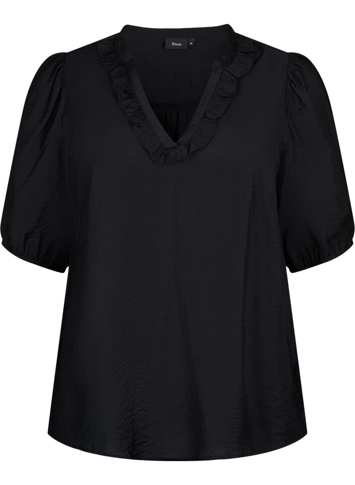 Viskosebluse mit Puffärmeln und Rüschen, Black, Packshot image number 0