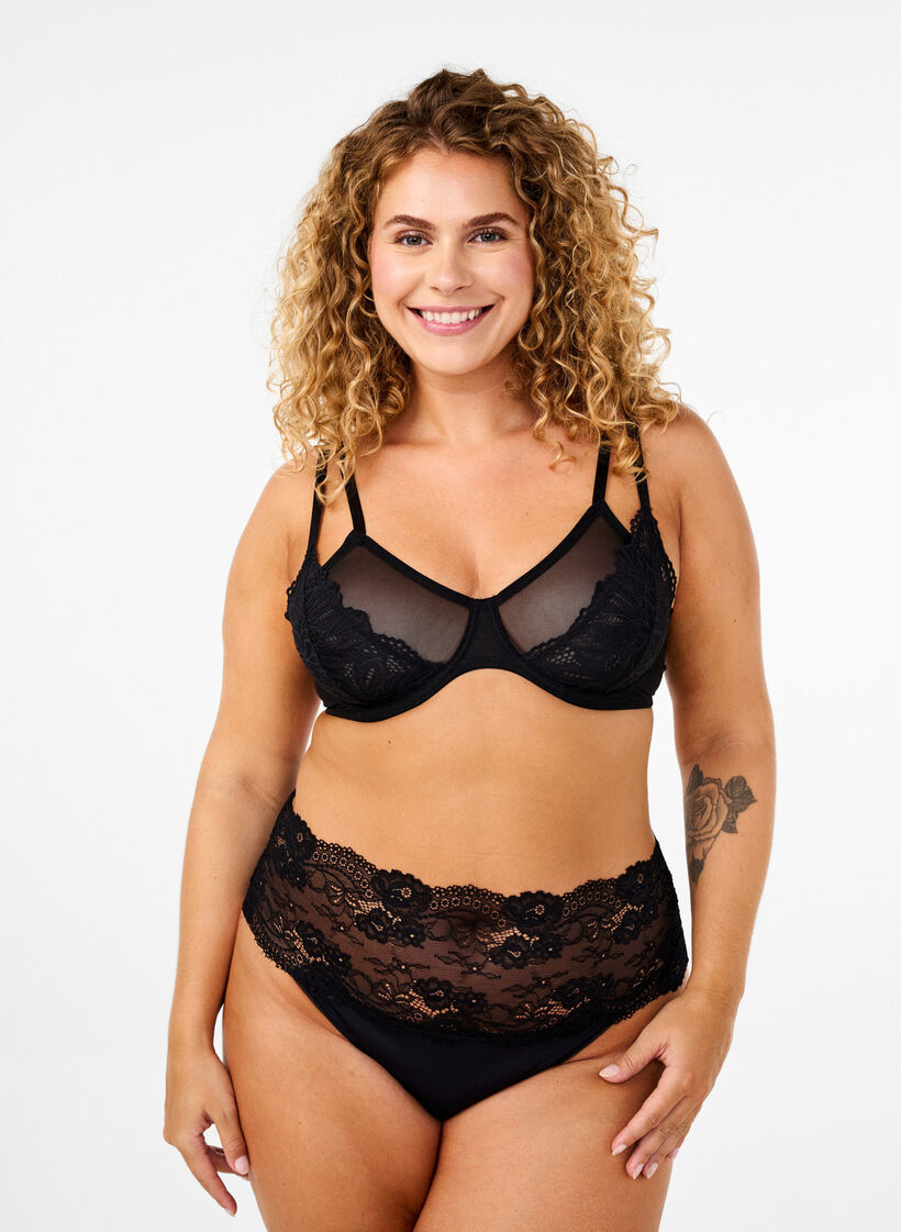 Soutien-gorge couvrant avec dentelle et maille, Black, Model image number 2