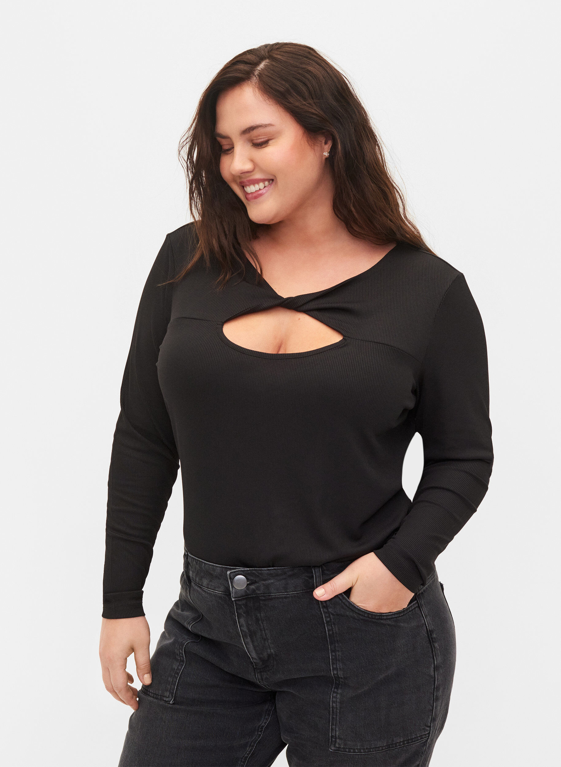 Zizzi Bluse mit Cut-Out und langen &Auml;rmeln, Black, Model image number 0