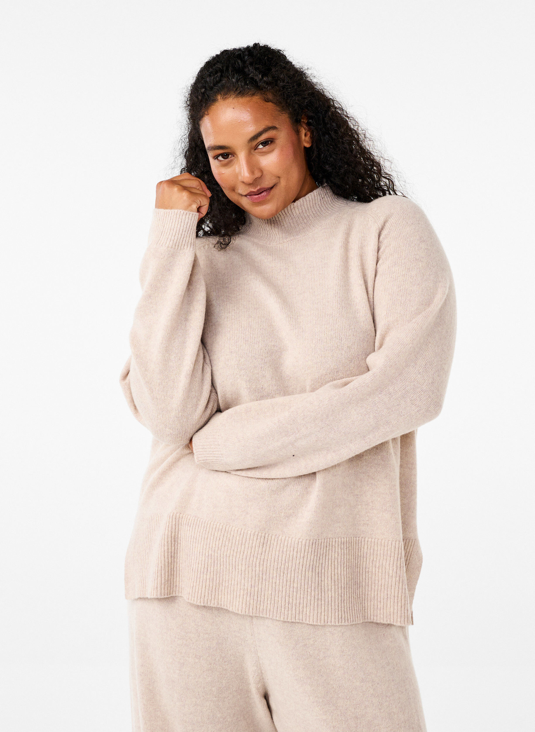 Zizzi Rollkragenpullover aus Merinowolle, Pumice Stone Mel., Model image number 0