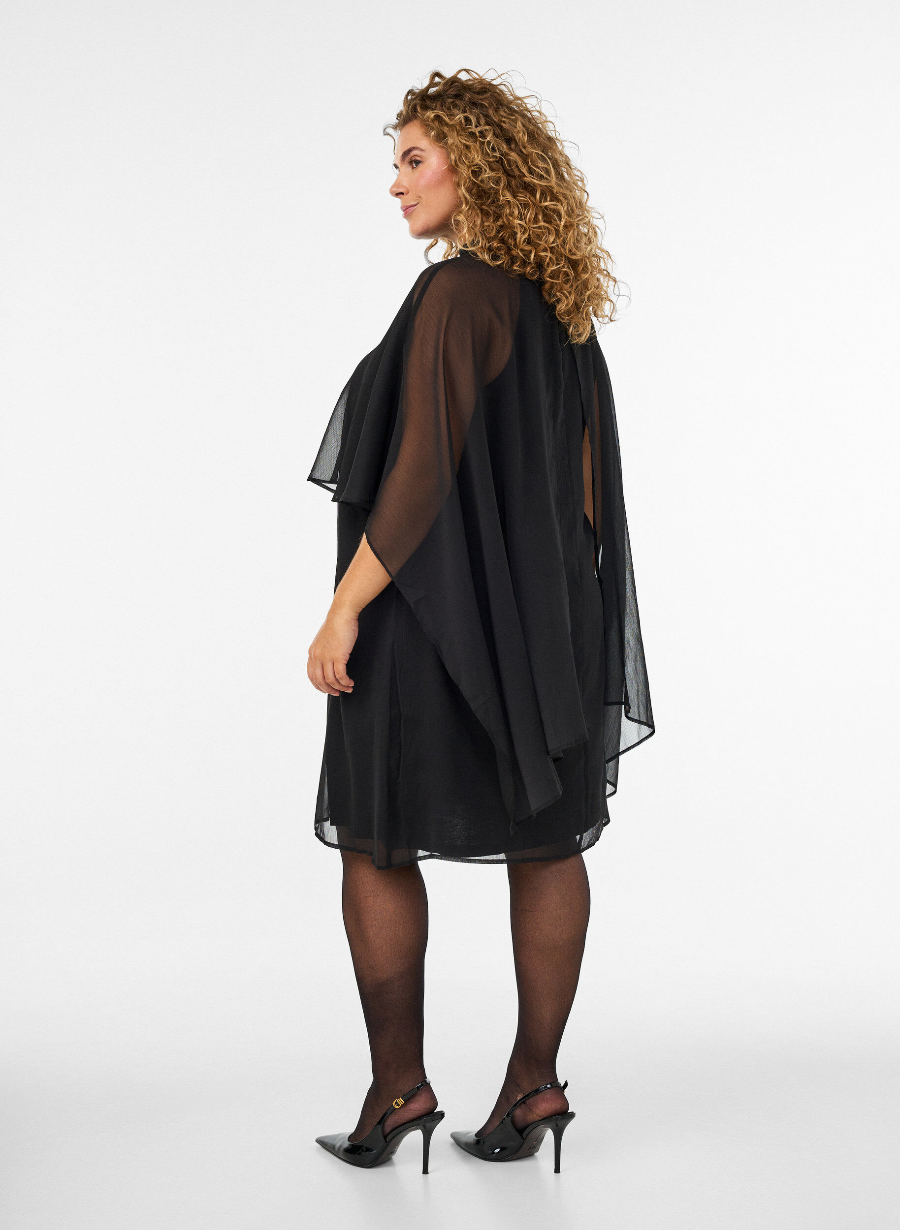 ZizziRobe mi-longue en mousseline avec cape transparente, Noir, Model image number 2