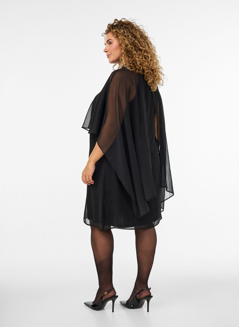 Robe mi-longue en mousseline avec cape transparente, Noir, Model image number 2