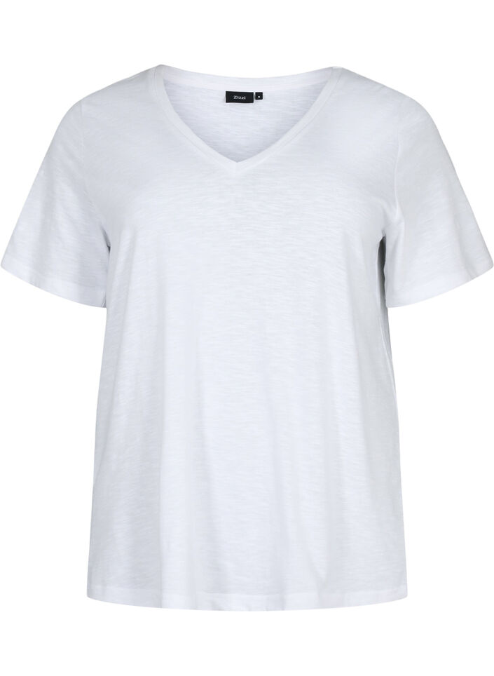 Kurz&auml;rmeliges Basic T-Shirt mit V-Ausschnitt, Wei&szlig;, Packshot image number 0