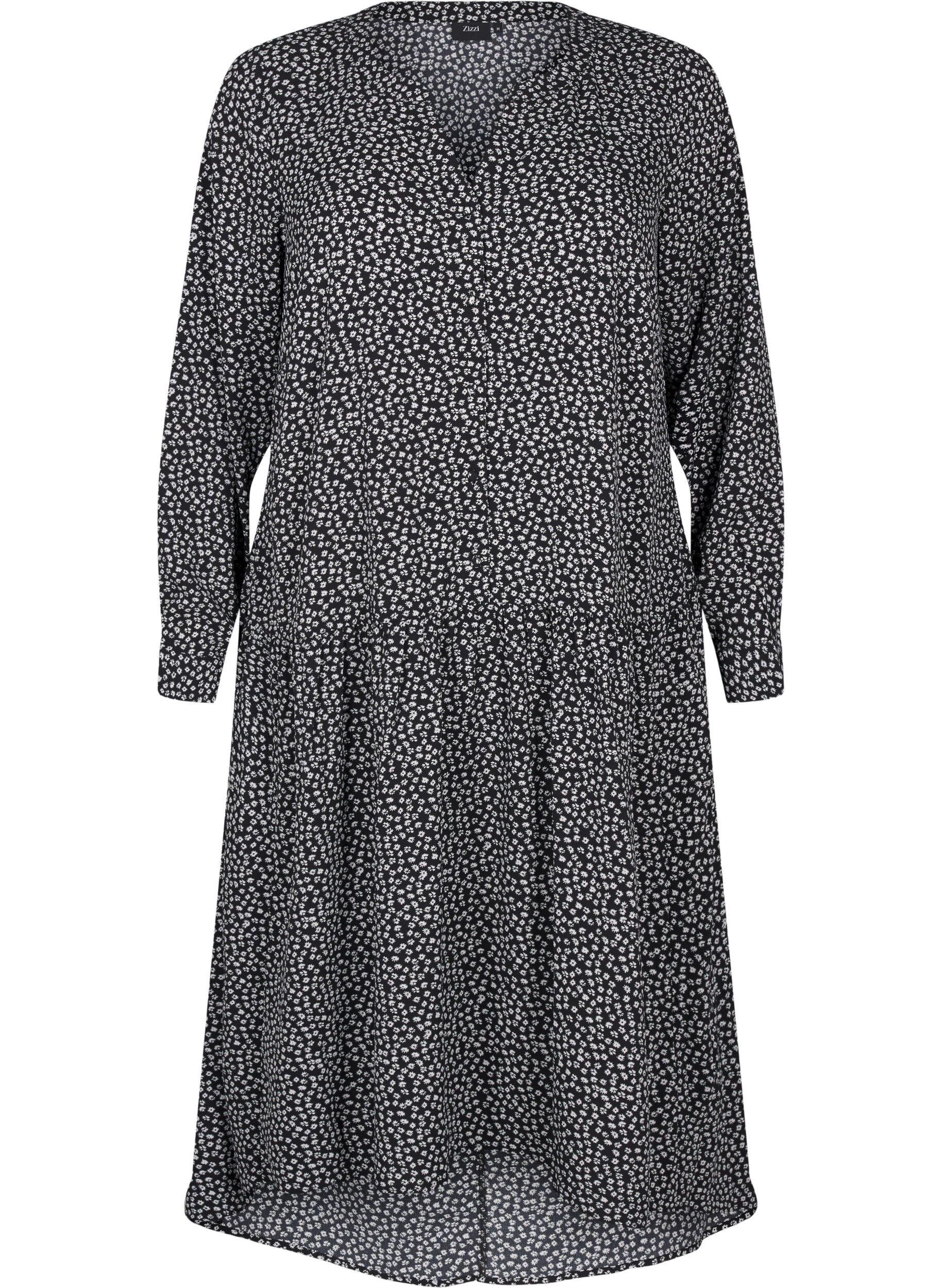 Zizzi Robes midi &agrave; manches longues, Black Small Flower, Packshot image number 0