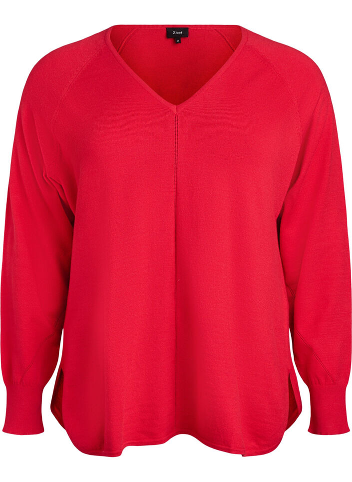 Blouse en fine maille avec col V et d&eacute;tail devant, Rouge, Packshot image number 0