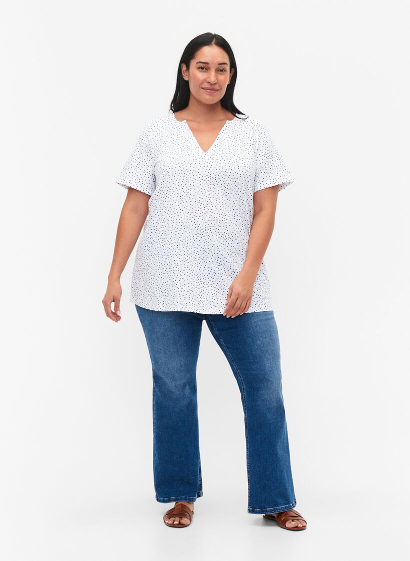 Baumwoll-T-Shirt mit Punkten und V-Ausschnitt, B.White/Black Dot, Model image number 2