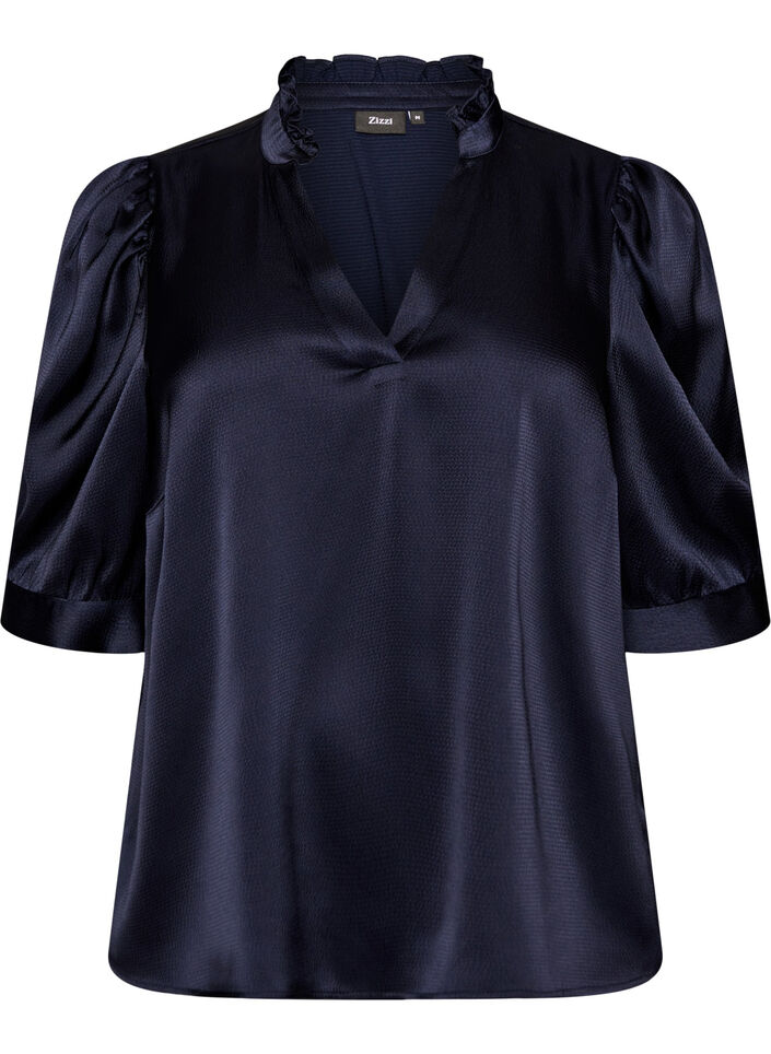 Blouse satin&eacute;e avec manches courtes et col &agrave; volants, Bleu, Packshot image number 0