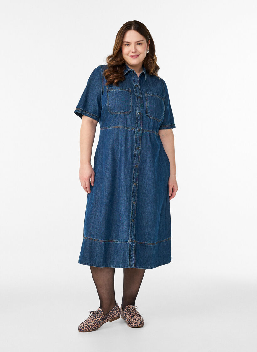 Jeanshemdkleid mit kurzen &Auml;rmeln, Blau, Model image number 0
