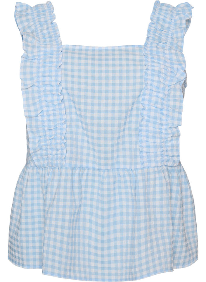 Top mit Karos und R&uuml;schendetails, Blau, Packshot image number 0