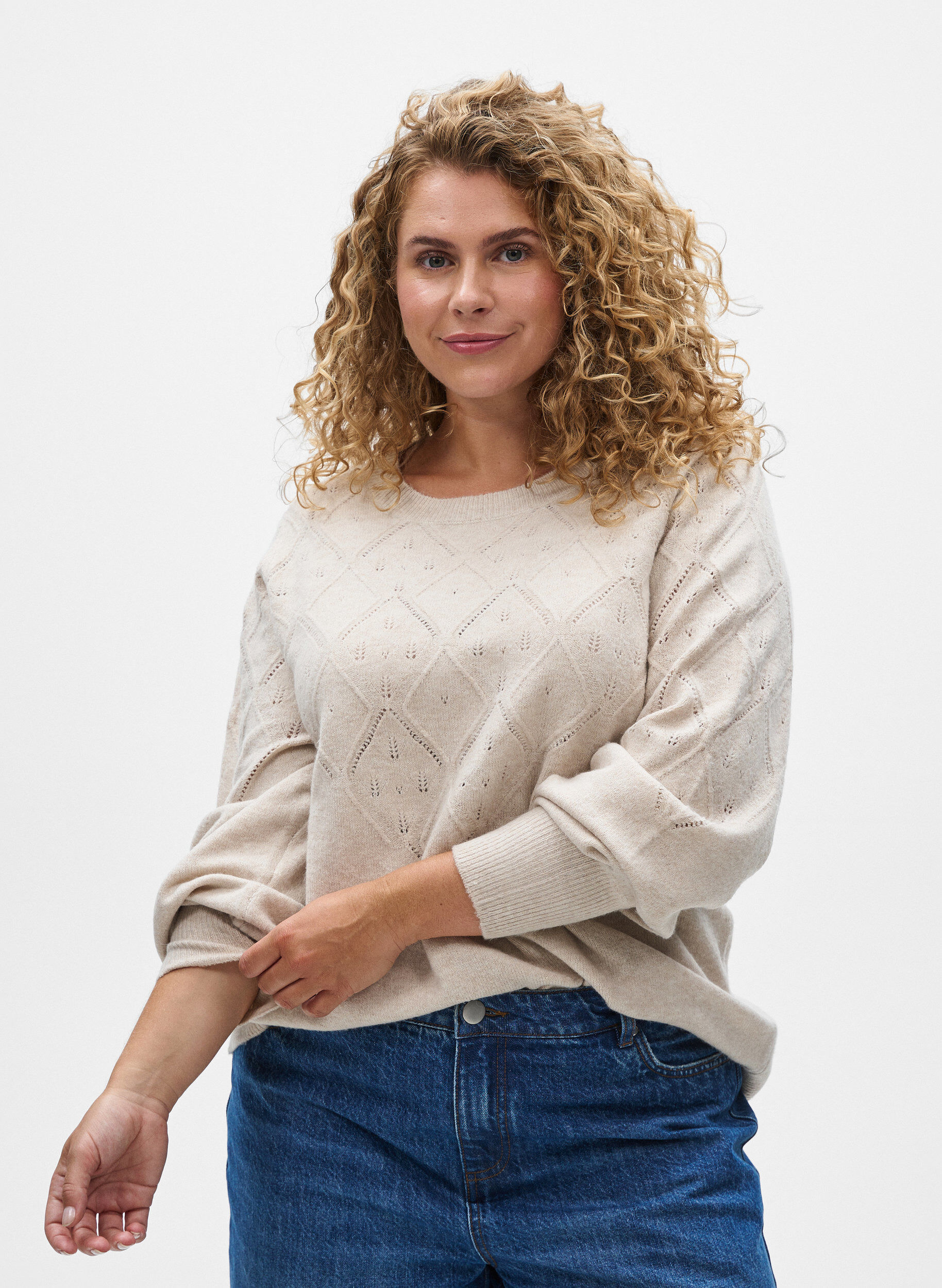 Haut en maille &agrave; motif ajour&eacute; et manches ballon, Beige, Model