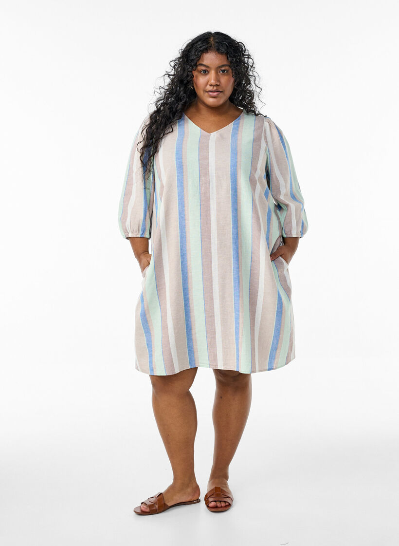 Kleid aus Leinen und Viskose mit 3/4-&Auml;rmeln, Blau, Model image number 1