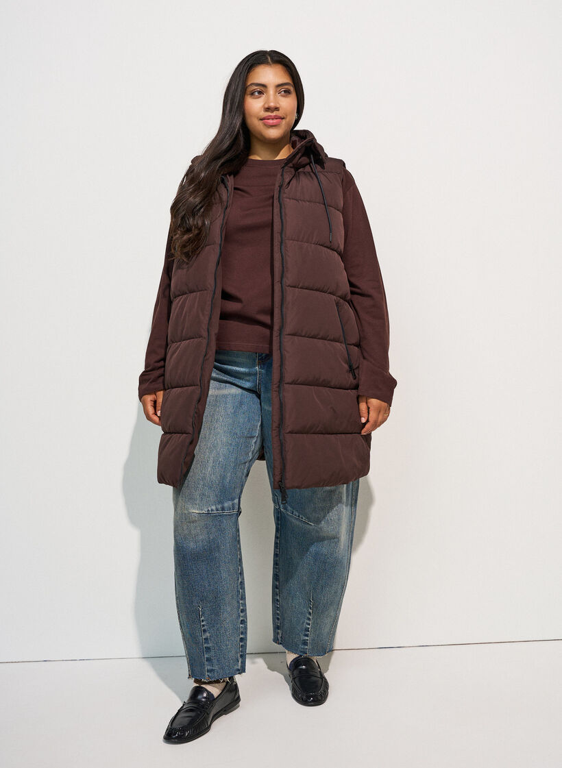 Gilet long avec capuche et poches, Marron, Model image number 0