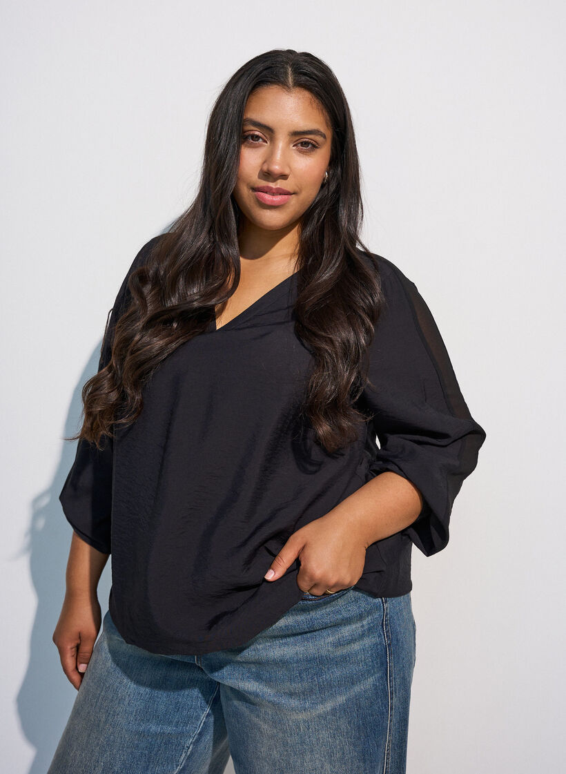 Bluse mit Balloneffekt und Chiffondetails, Schwarz, Model image number 0