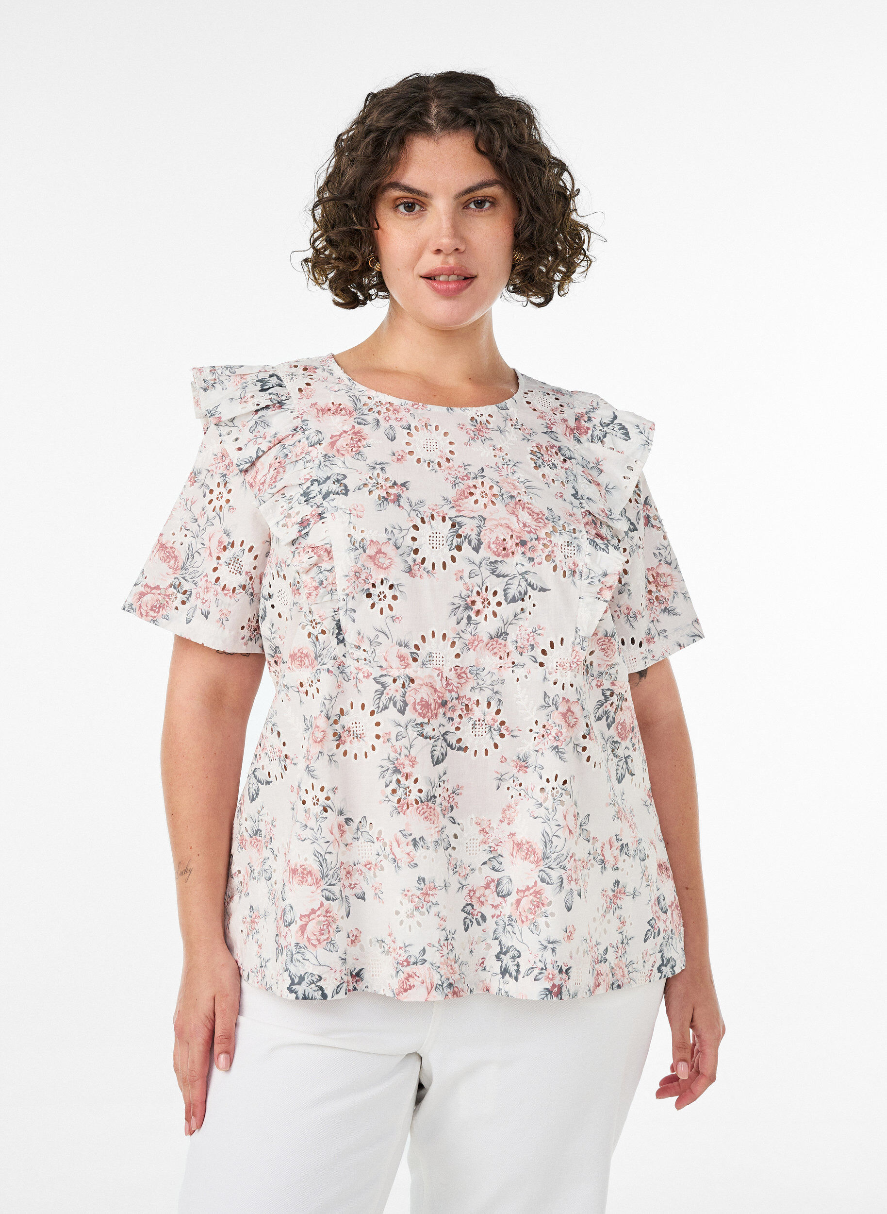 ZizziBluse aus Baumwolle mit Broderie Anglaise und R&uuml;schen, Rot, Model image number 0