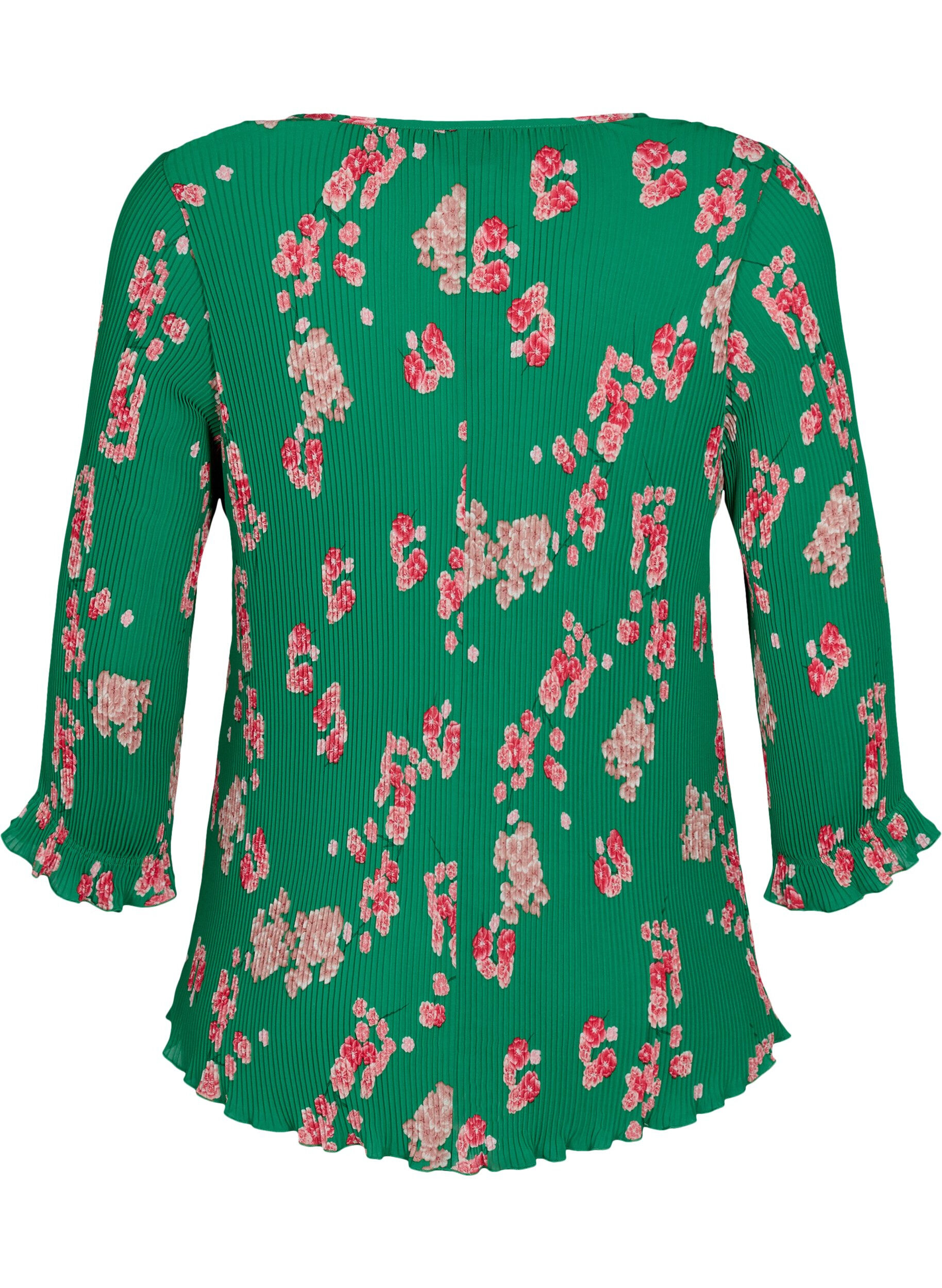 Zizzi Plissierte Bluse mit 3/4-&Auml;rmeln, Jolly Green Flower, Packshot image number 1
