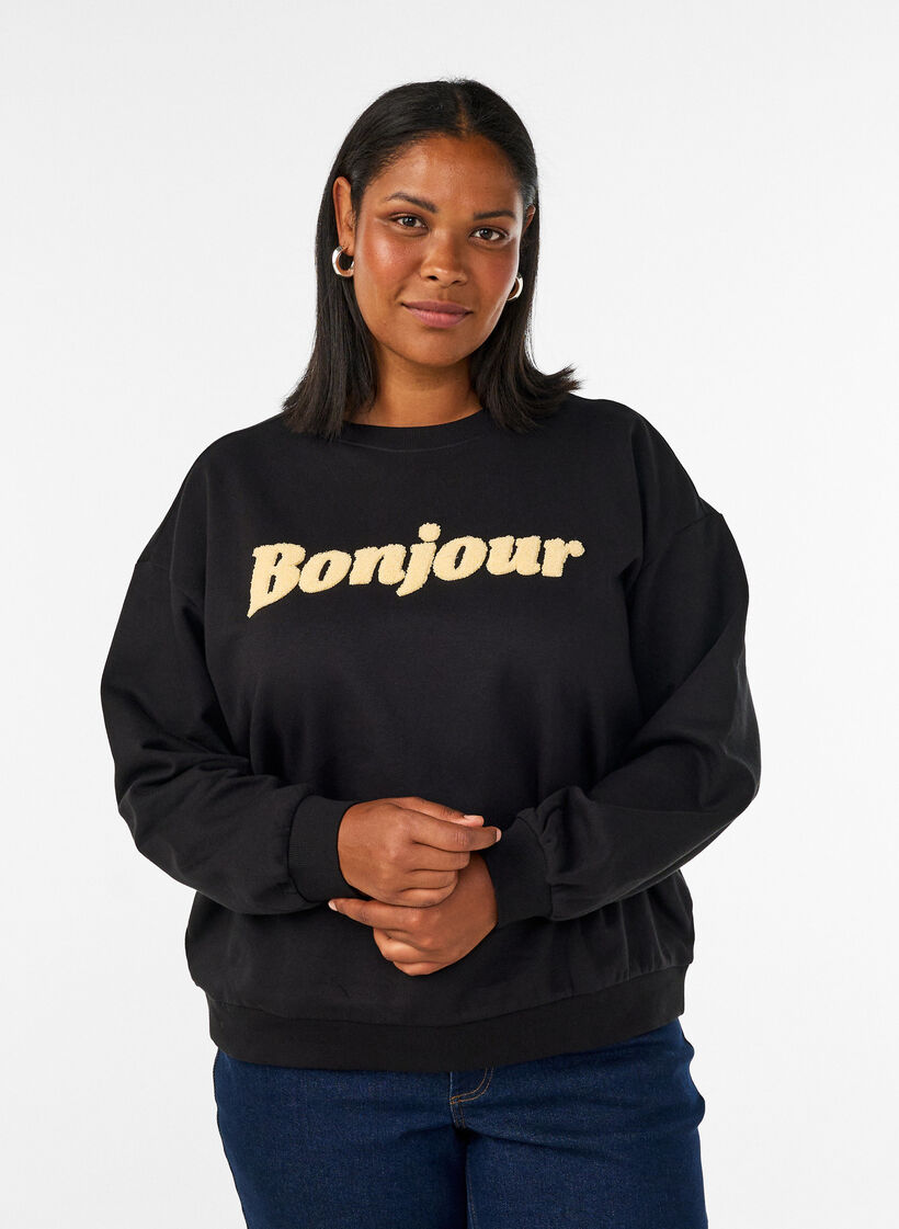 Sweatshirt mit Boucl&eacute;-Textmotiv, Schwarz, Model image number 0