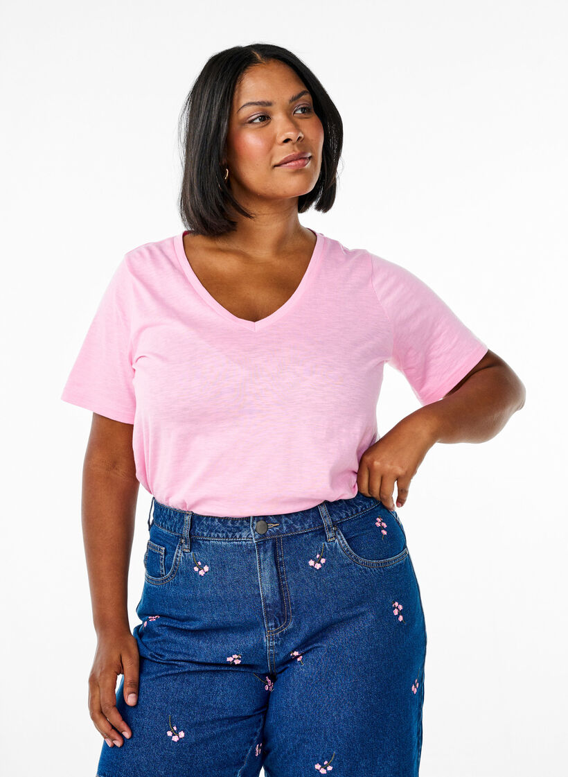 T-shirt basique &agrave; manches courtes et col en V, Rose, Model image number 0