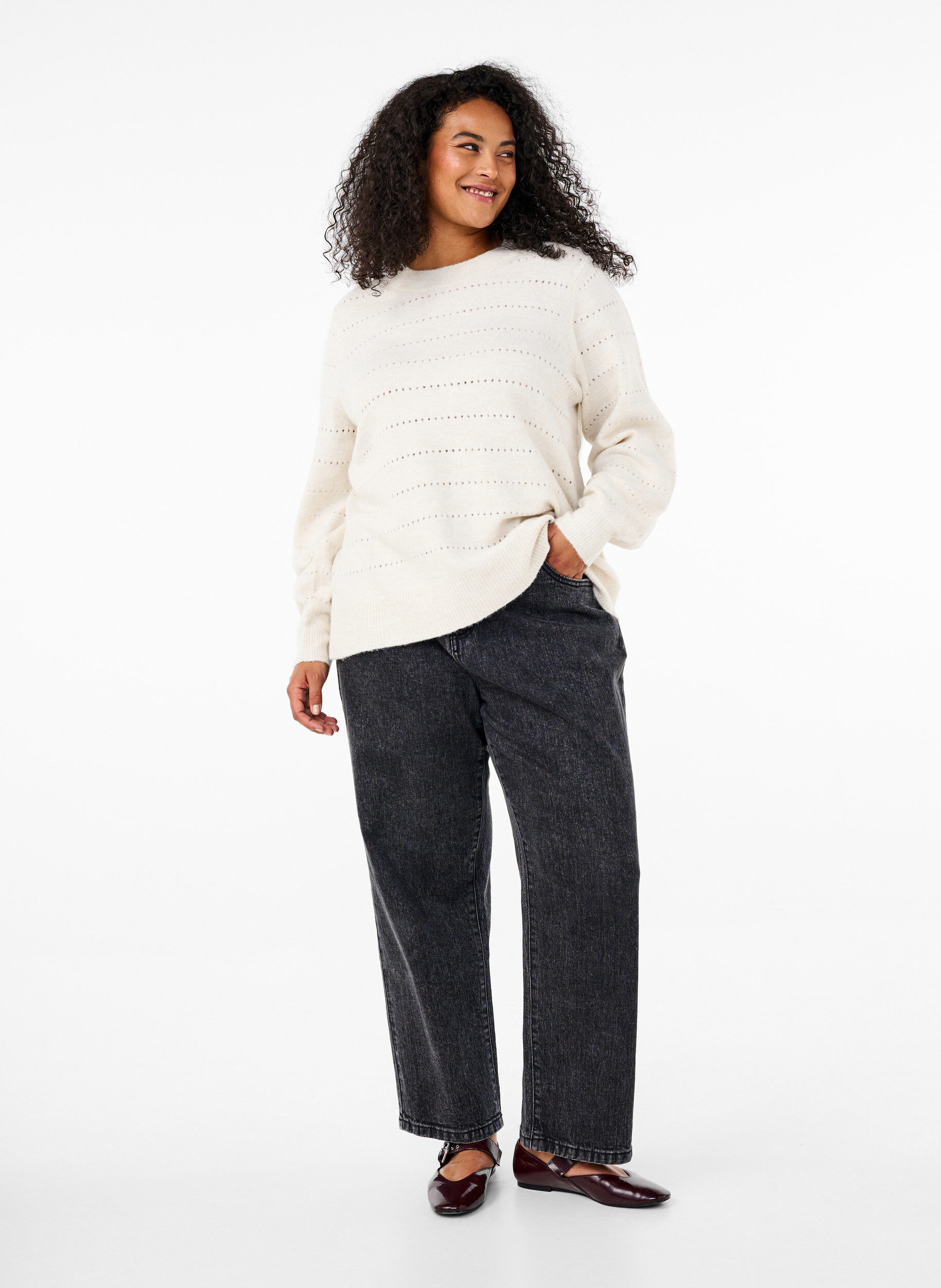 Zizzi Chemisier en maille avec col rond et motif en dentelle, Birch Mel., Model image number 2