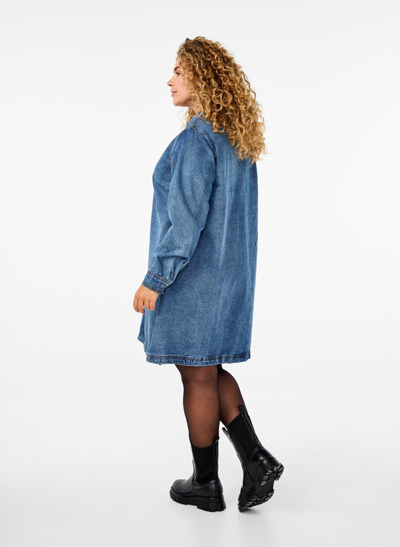 Robe courte en denim, manches longues, forme trapèze, Blue Denim, Model image number 1