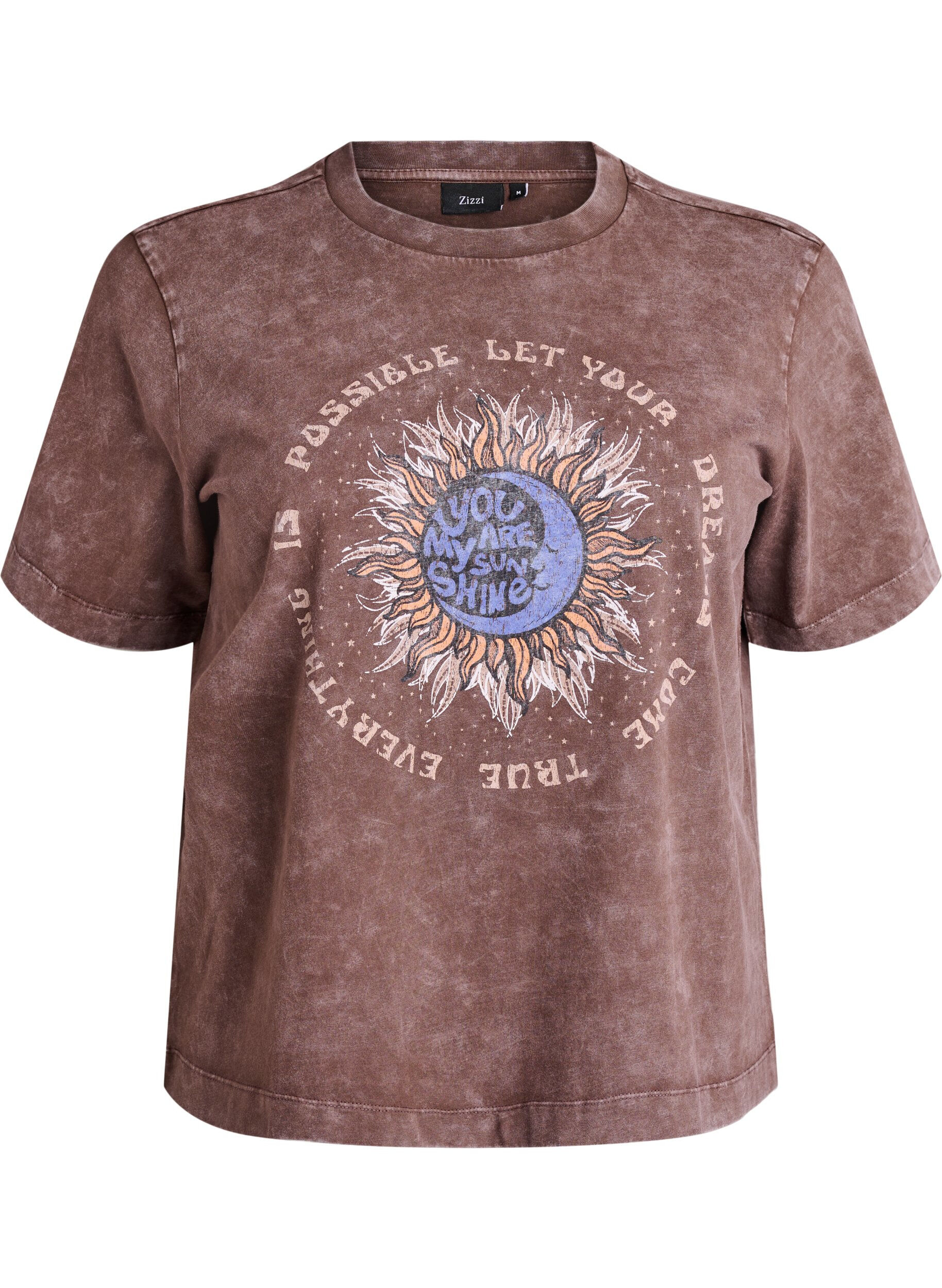 Zizzi T-shirt en coton avec imprim&eacute; devant, Marron, Packshot image number 0