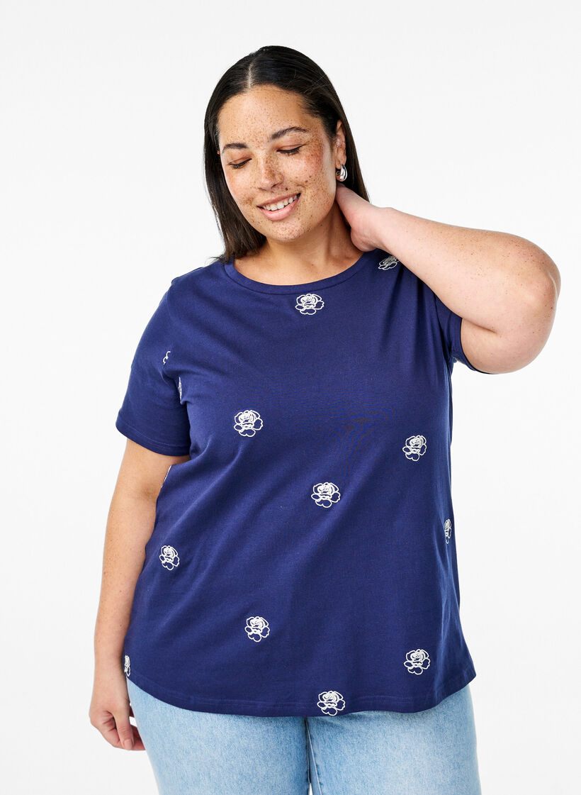 T-shirt en coton biologique avec motifs brod&eacute;s, Bleu, Model image number 0