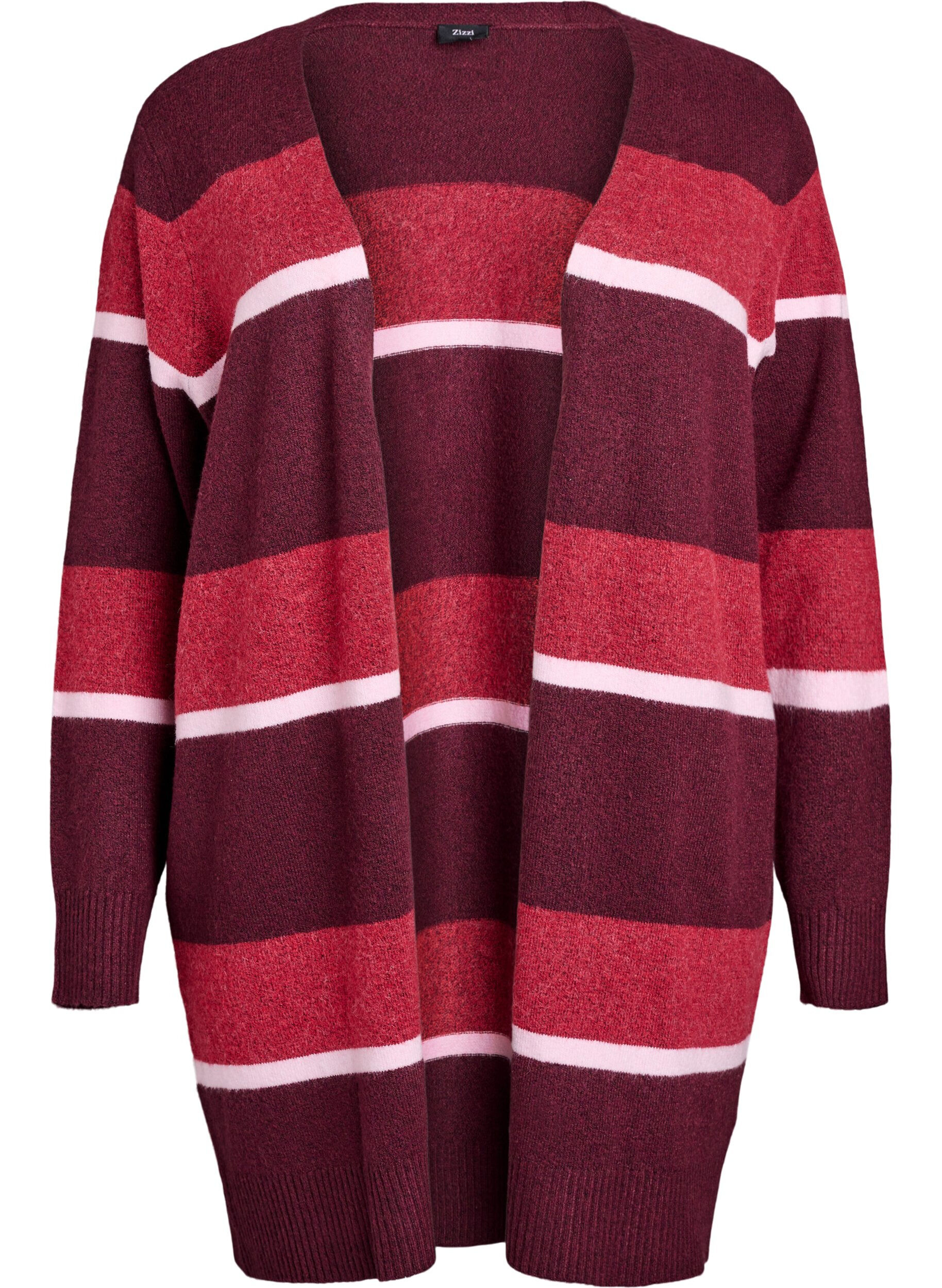 Zizzi Lange Strickjacke mit breiten Streifen, Dunkles Bordeaux, Packshot image number 0