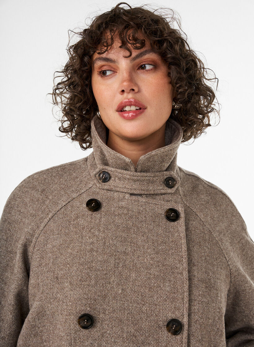 Manteau long en laine &agrave; col montant et double boutonnage, Marron, Model image number 3