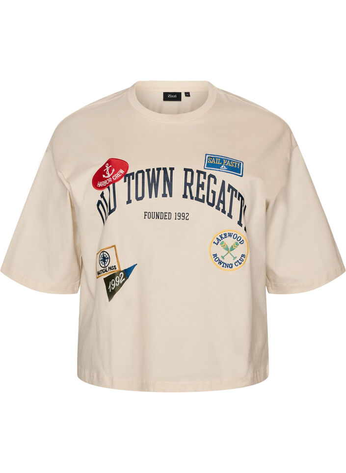 T-shirt avec texte imprim&eacute; et badges, Beige, Packshot image number 0