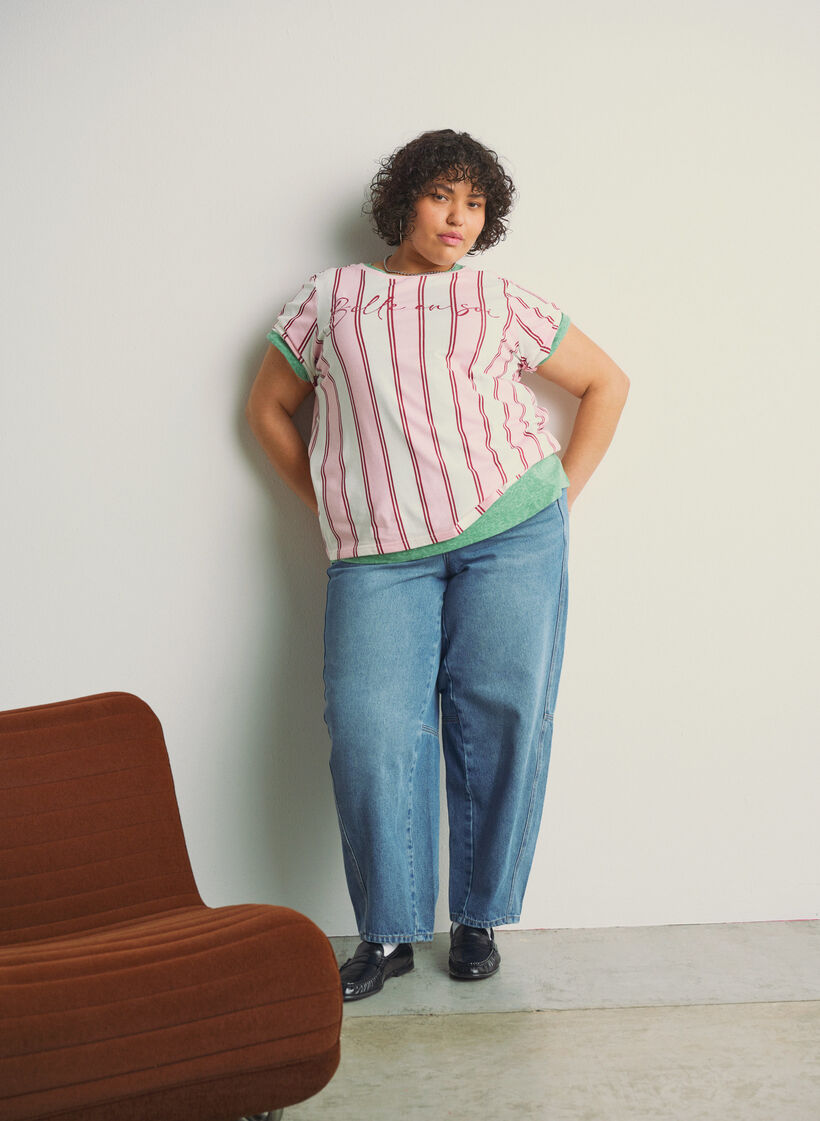 T-shirt à rayures avec imprimé texte, Rose, Image image number 0