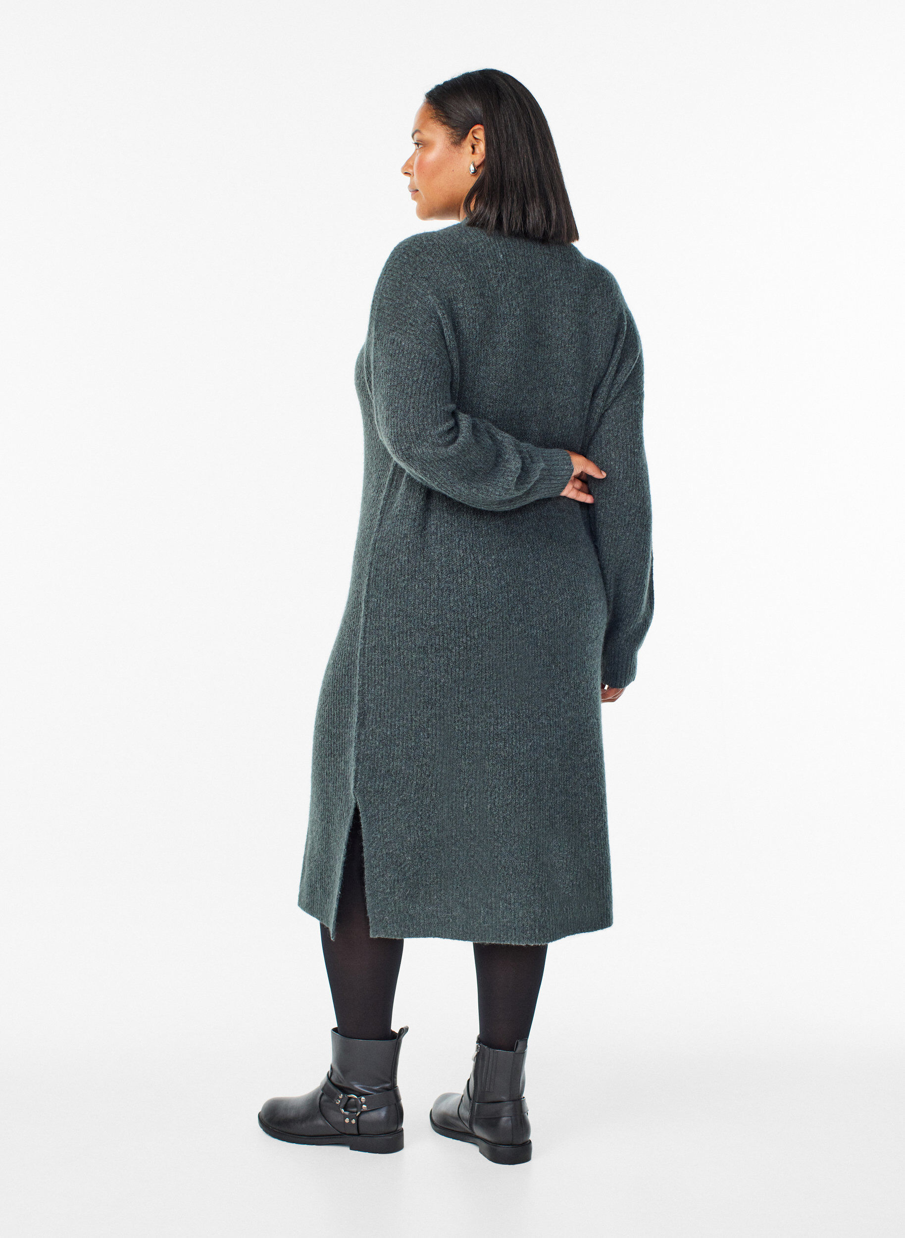 Zizzi Robe longue en maille &agrave; col montant, Vert fonc&eacute;, Model image number 1