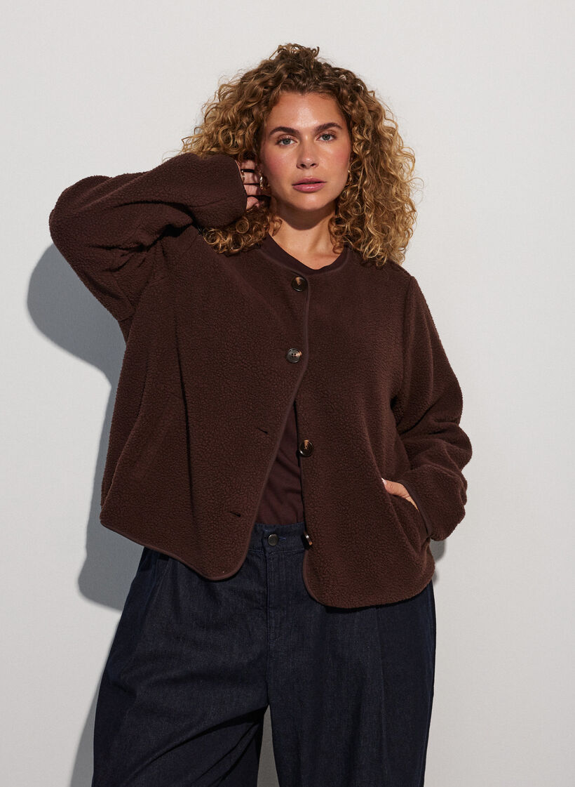 Veste teddy &agrave; col rond boutonn&eacute;e, Marron, Model image number 0