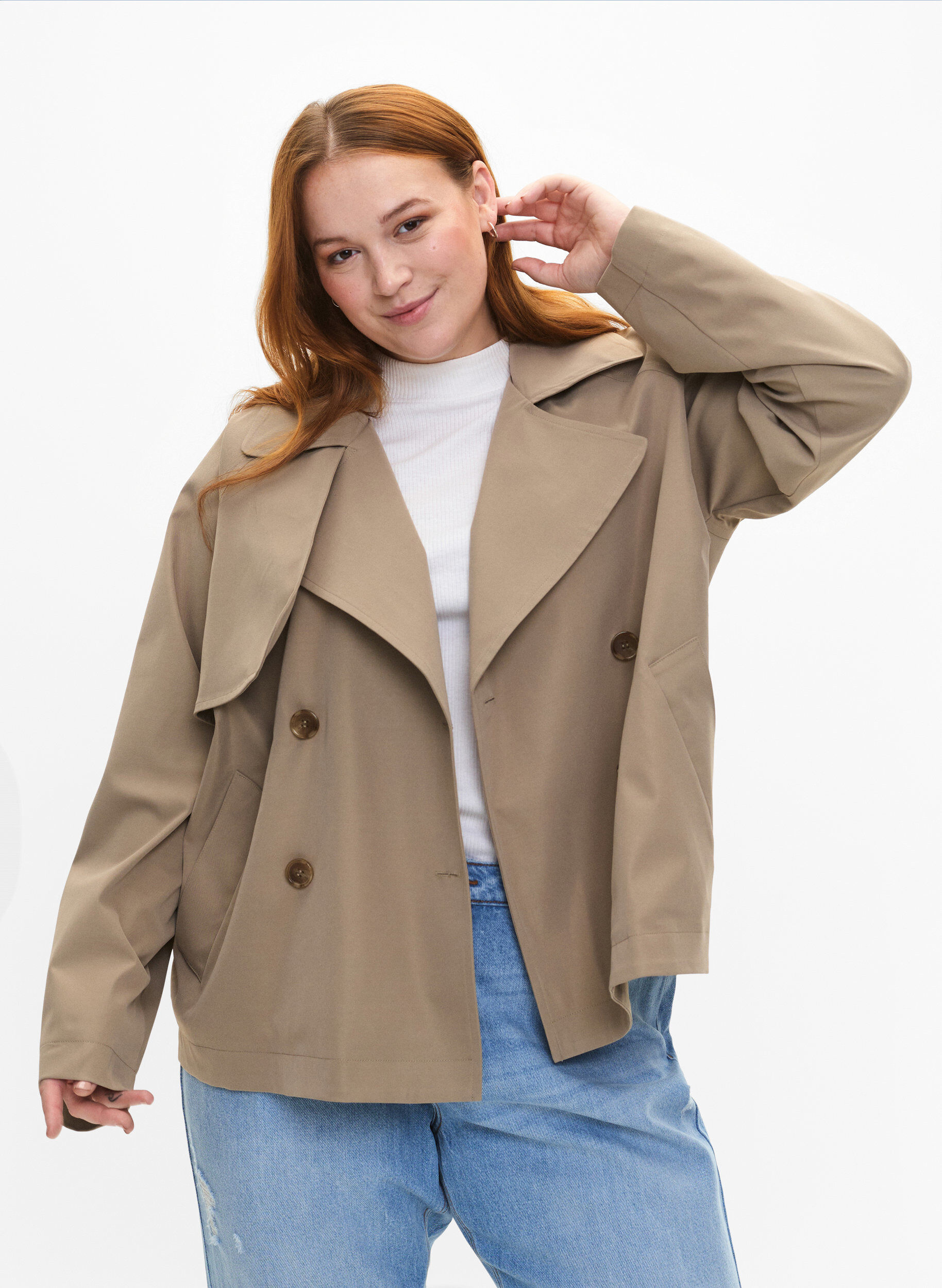 Zizzi Kurzer Trenchcoat mit Druckknopfverschluss, Coriander, Model image number 0