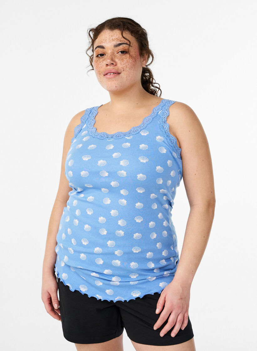 Oberteil mit Aufdruck und Spitzenborte, Blau, Model image number 0