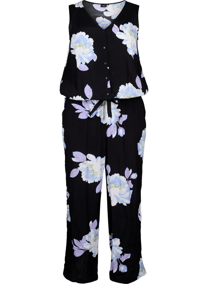 Ärmelloser Jumpsuit aus Viskose, Black Big Flower AOP, Packshot image number 0