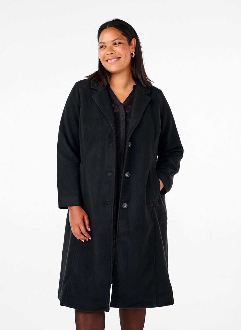 Manteau long en laine avec des poches, Black, Model image number 0