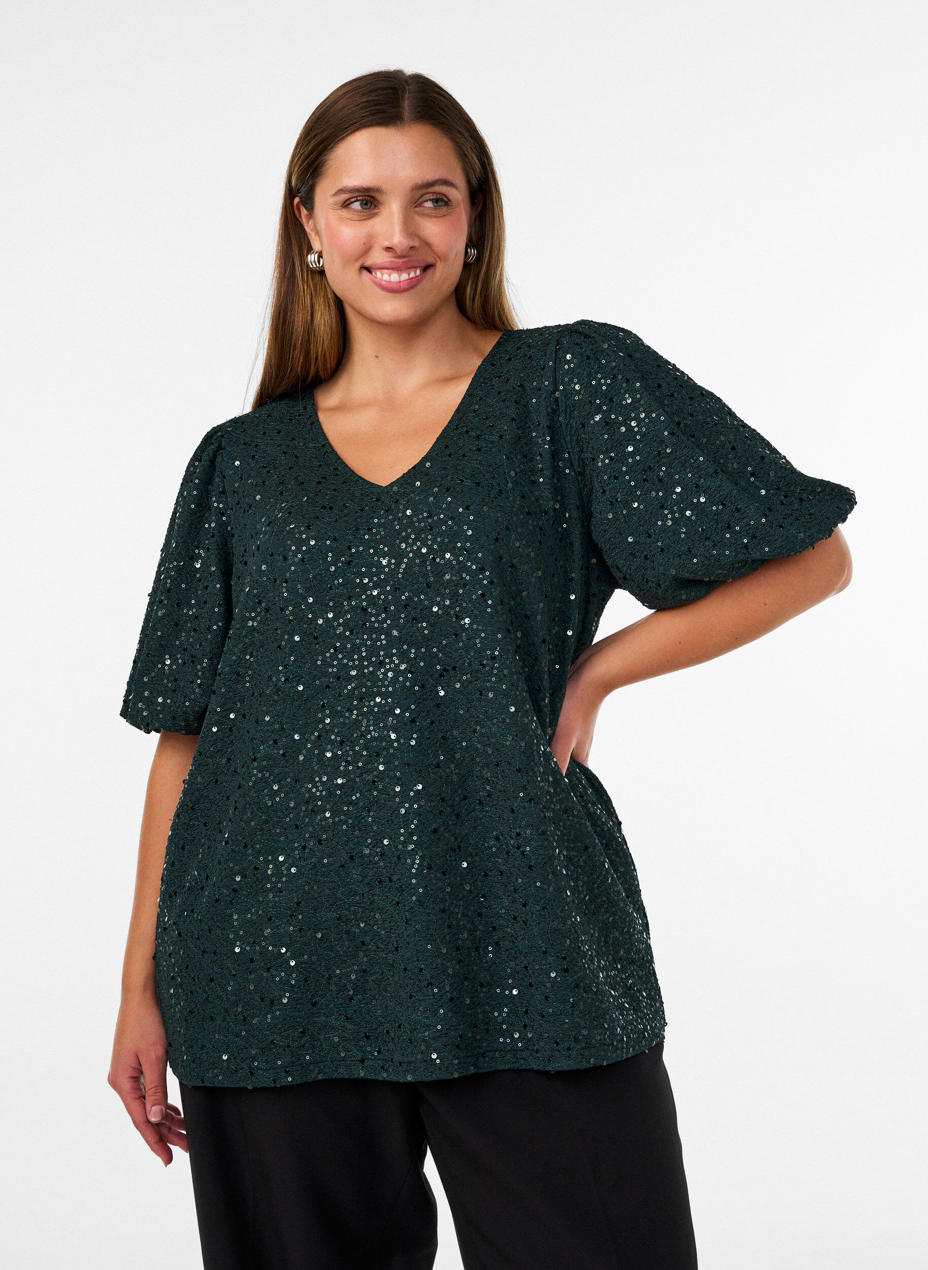 ZizziPaillettenbluse mit Ballon&auml;rmeln, Gr&uuml;n, Model image number 0