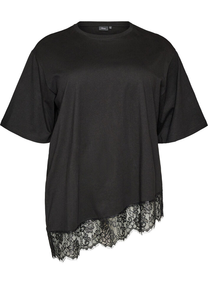 T-shirt avec ourlet asym&eacute;trique en dentelle, Noir, Packshot image number 0