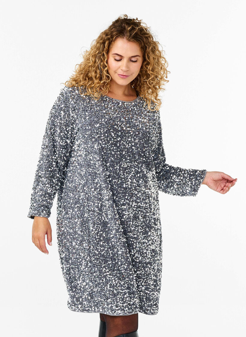 Robe pailletée avec nœud, Silver, Model image number 0