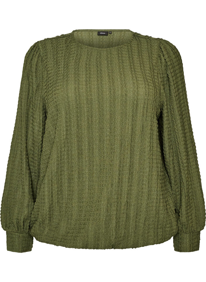 Blouse en jersey textur&eacute; &agrave; la silhouette ballon, Vert, Packshot image number 0